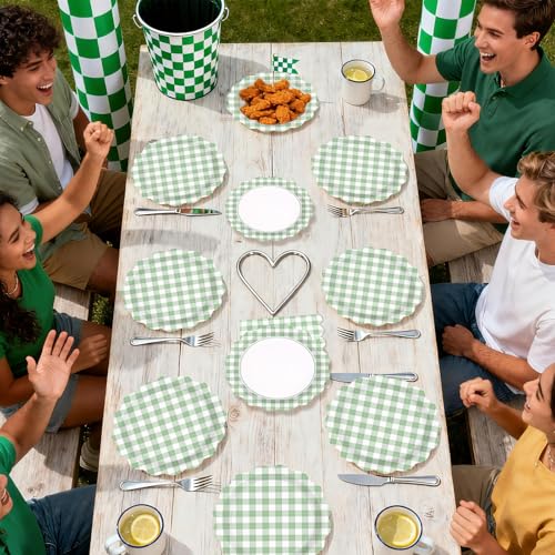 200 Pcs Green Gingham Scalloped Party Plates and Napkins - Grencian
