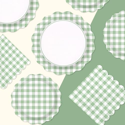 200 Pcs Green Gingham Scalloped Party Plates and Napkins - Grencian