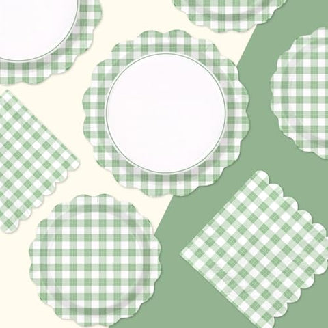200 Pcs Green Gingham Scalloped Party Plates and Napkins - Grencian