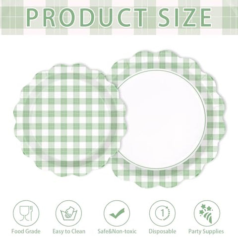 200 Pcs Green Gingham Scalloped Party Plates and Napkins - Grencian