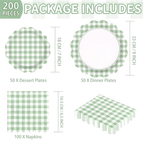 200 Pcs Green Gingham Scalloped Party Plates and Napkins - Grencian