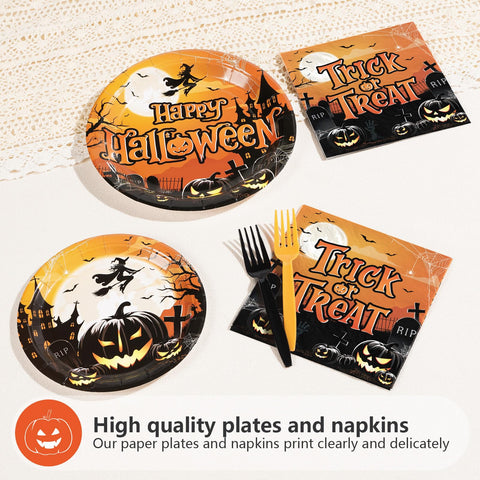 200 Pcs Halloween Evil Pumpkin Party Plates and Napkins - Grencian