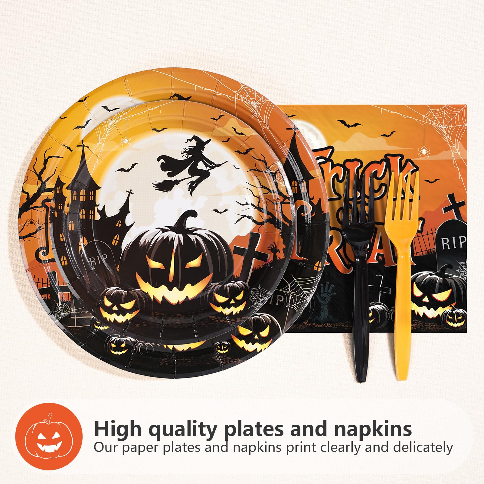 200 Pcs Halloween Evil Pumpkin Party Plates and Napkins - Grencian