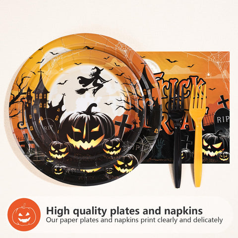 200 Pcs Halloween Evil Pumpkin Party Plates and Napkins - Grencian