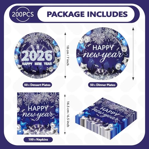 200 Pcs Happy New Year Party Plates and Napkins - Grencian