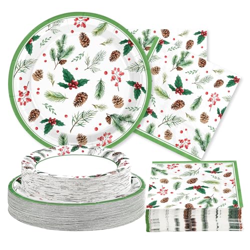 200 Pcs Holly Leaf Pine Cones Party Plates and Napkins - Grencian