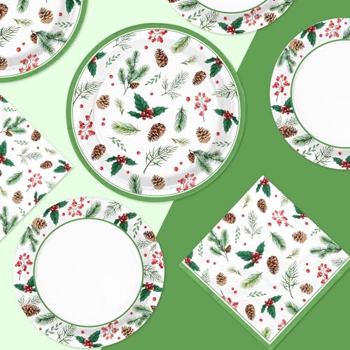 200 Pcs Holly Leaf Pine Cones Party Plates and Napkins - Grencian