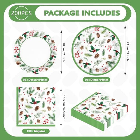 200 Pcs Holly Leaf Pine Cones Party Plates and Napkins - Grencian