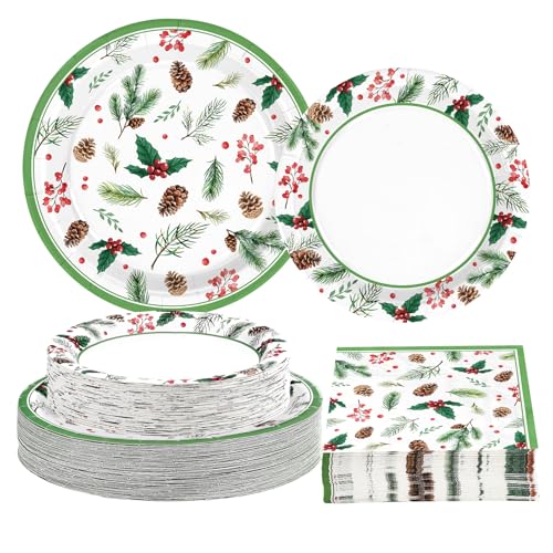 200 Pcs Holly Leaf Pine Cones Party Plates and Napkins - Grencian