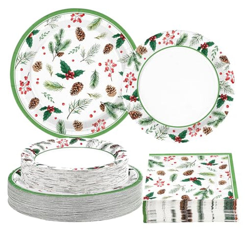 200 Pcs Holly Leaf Pine Cones Party Plates and Napkins - Grencian