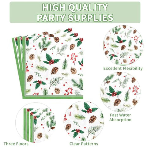 200 Pcs Holly Leaf Pine Cones Party Plates and Napkins - Grencian