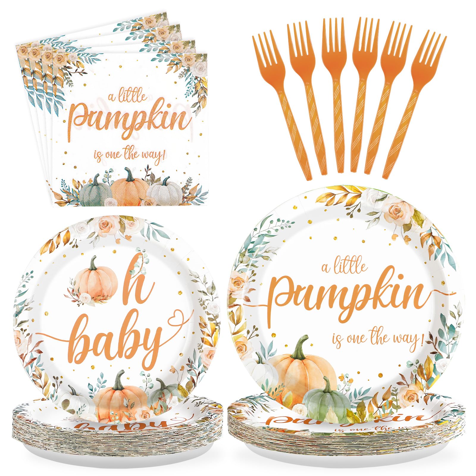 200 Pcs Little Pumpkin Baby Shower Party Plates and Napkins - Grencian