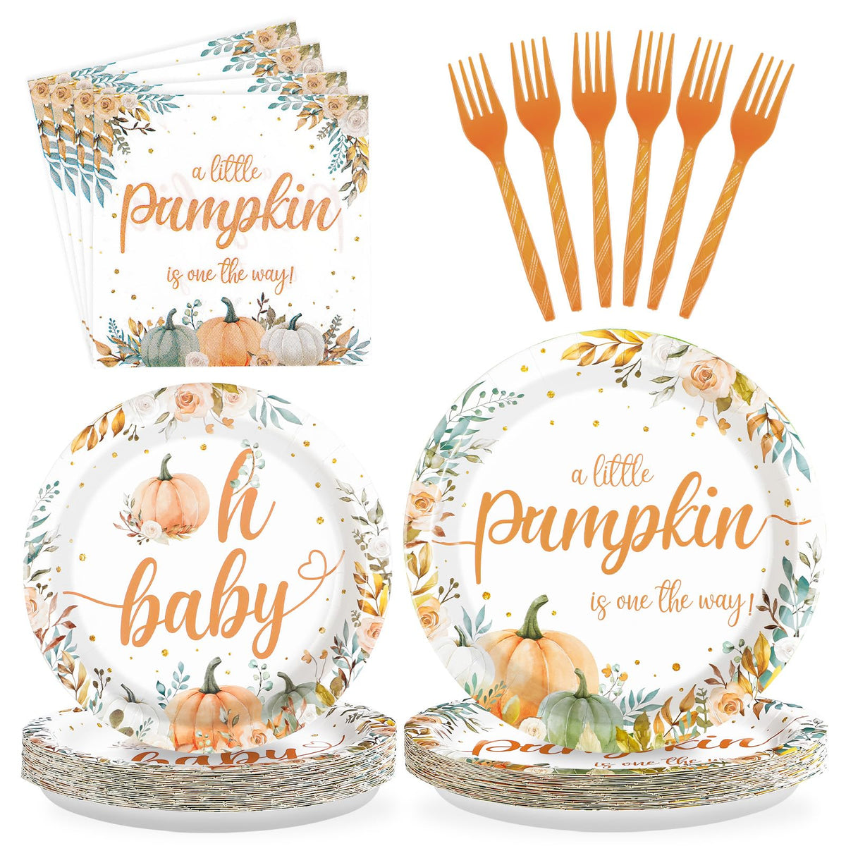 200 Pcs Little Pumpkin Baby Shower Party Plates and Napkins - Grencian