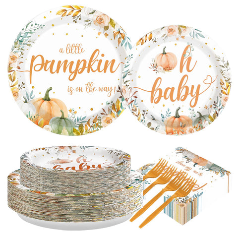 200 Pcs Little Pumpkin Baby Shower Party Plates and Napkins - Grencian