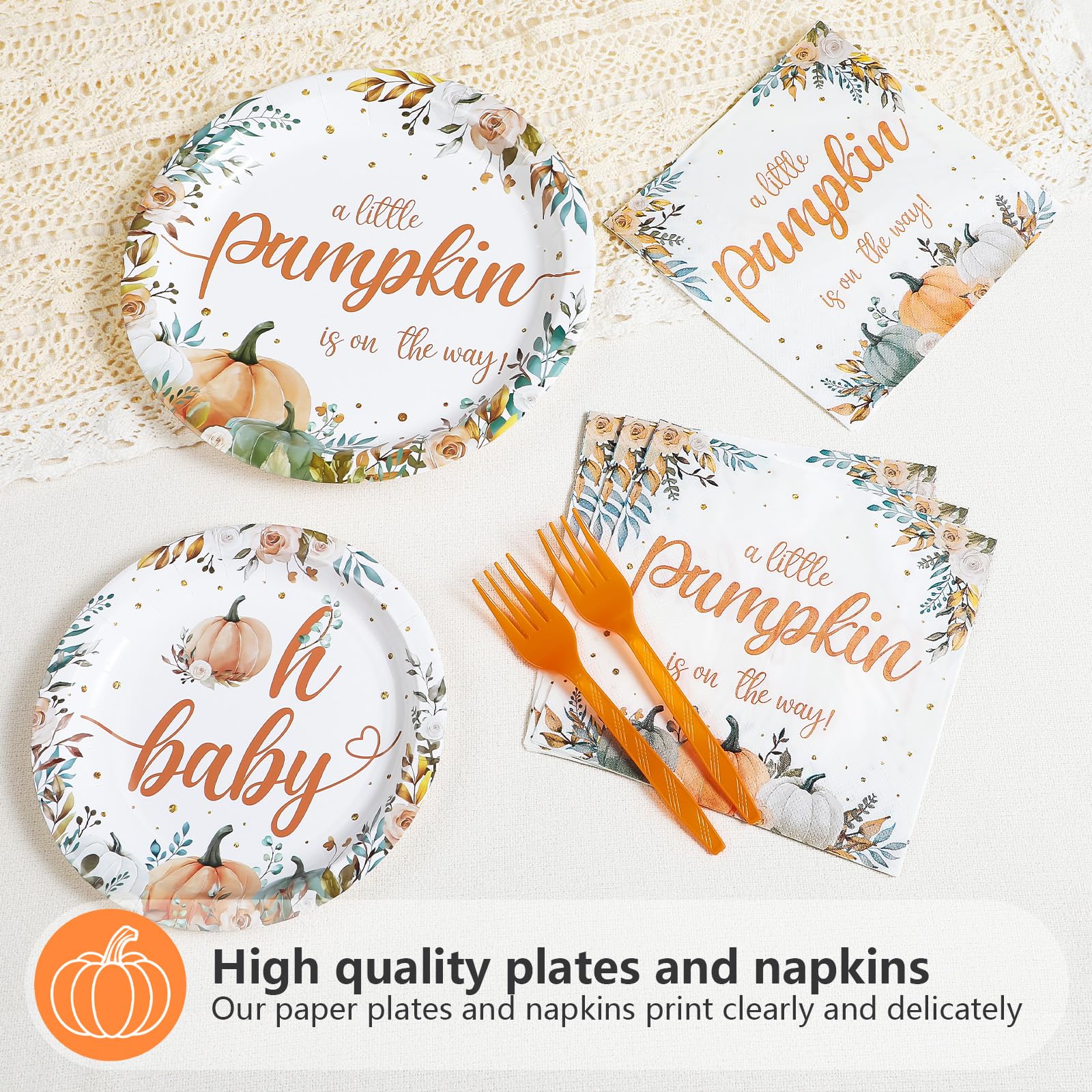 200 Pcs Little Pumpkin Baby Shower Party Plates and Napkins - Grencian