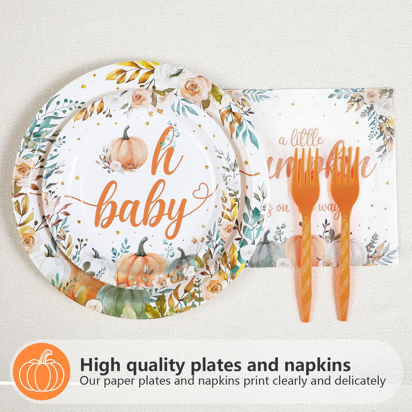 200 Pcs Little Pumpkin Baby Shower Party Plates and Napkins - Grencian
