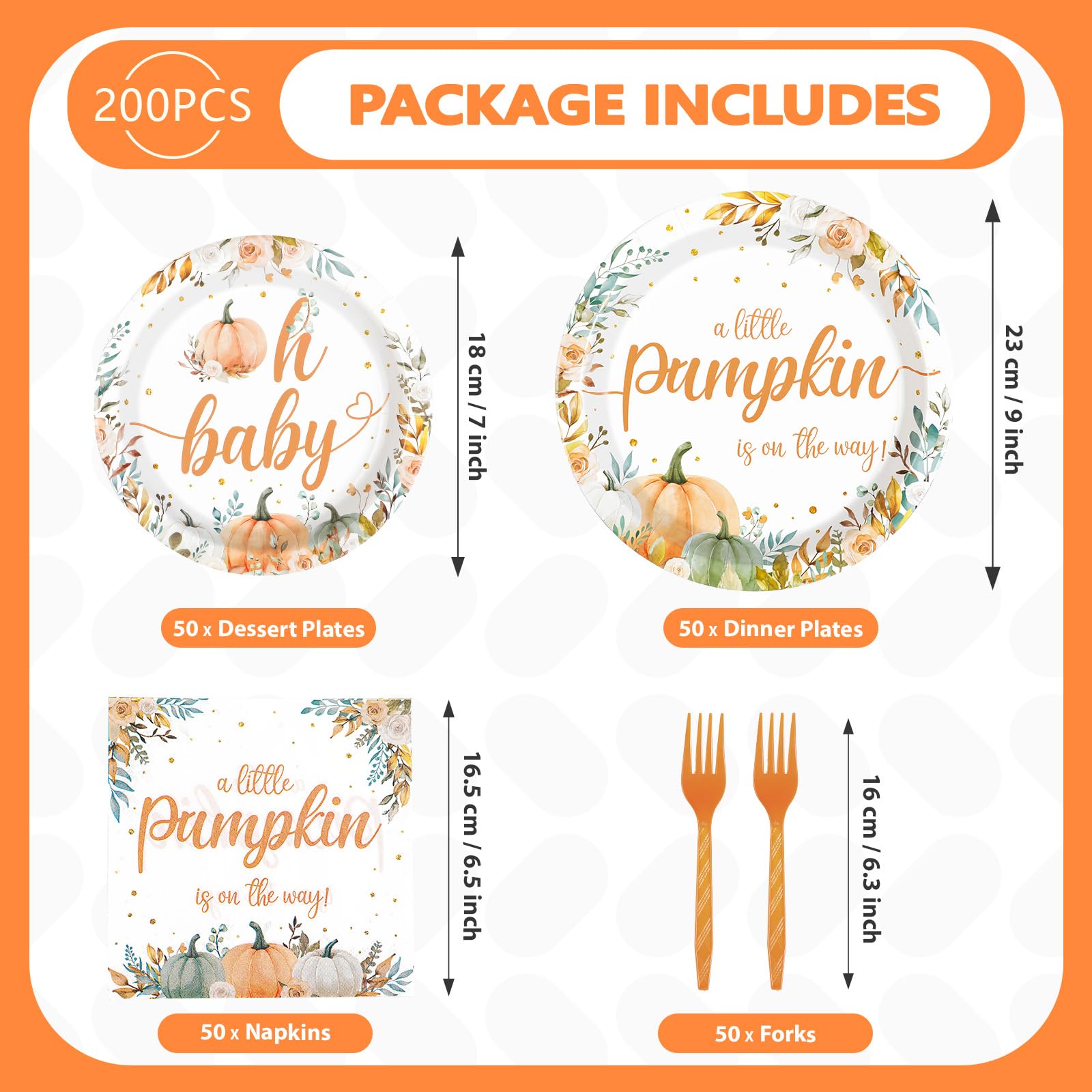 200 Pcs Little Pumpkin Baby Shower Party Plates and Napkins - Grencian