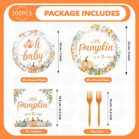 200 Pcs Little Pumpkin Baby Shower Party Plates and Napkins - Grencian