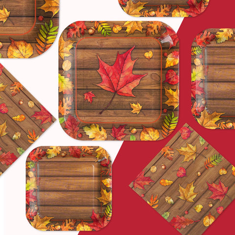 200 Pcs Maple Leaves Square Party Plates and Napkins - Grencian