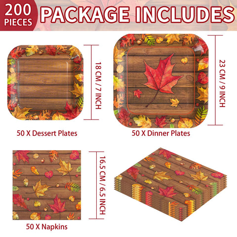 200 Pcs Maple Leaves Square Party Plates and Napkins - Grencian