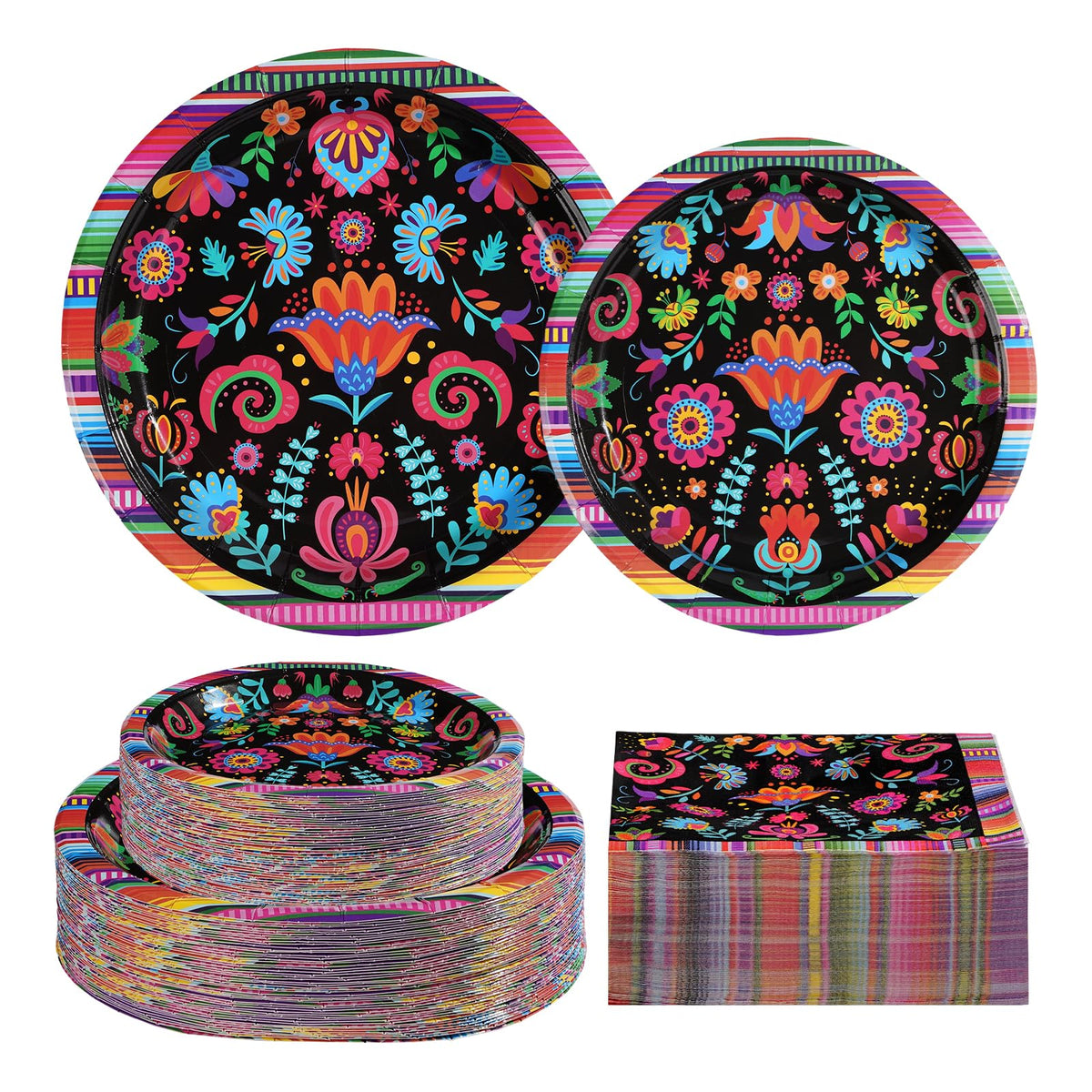 200 Pcs Mexican Floral Party Plates and Napkins - Grencian