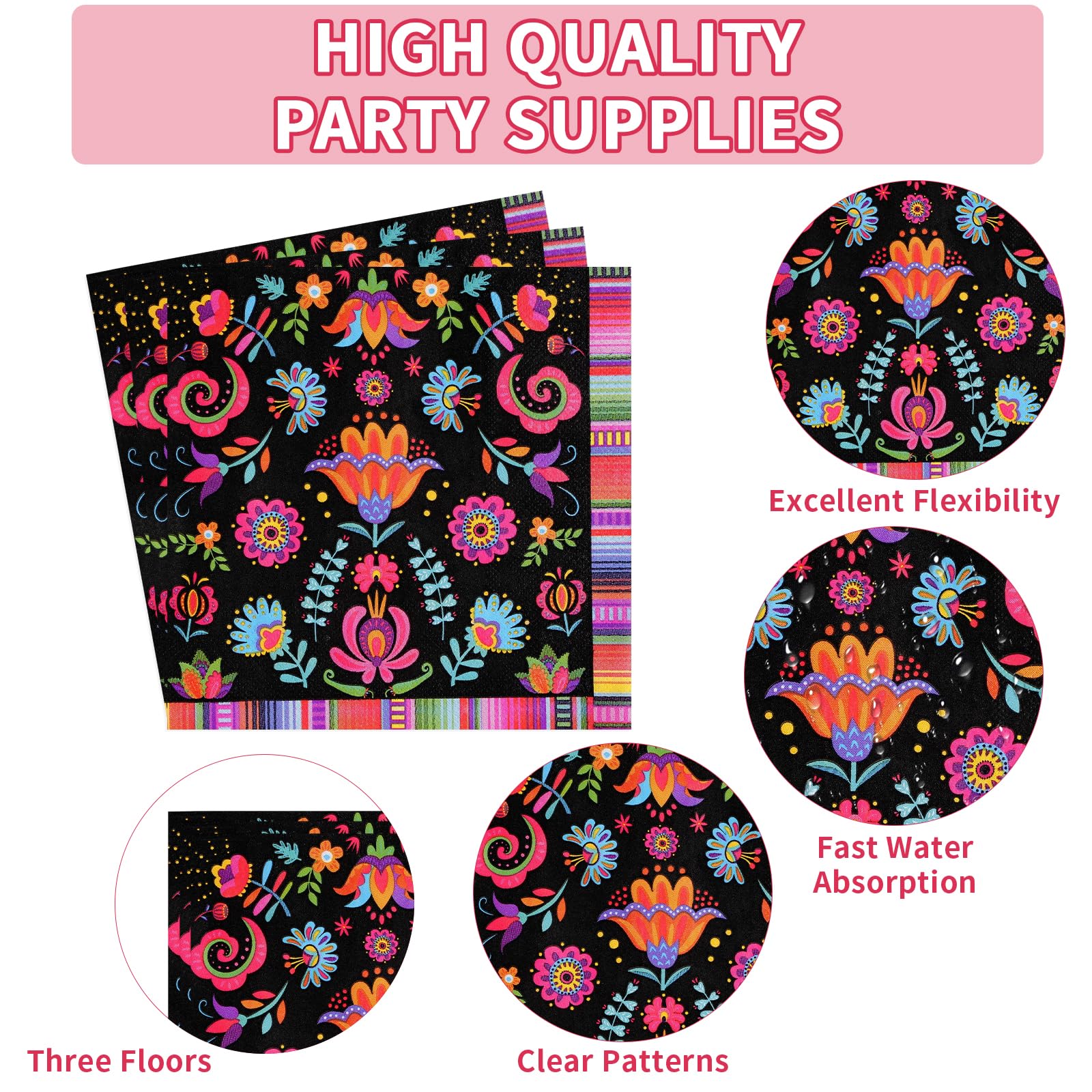 200 Pcs Mexican Floral Party Plates and Napkins - Grencian