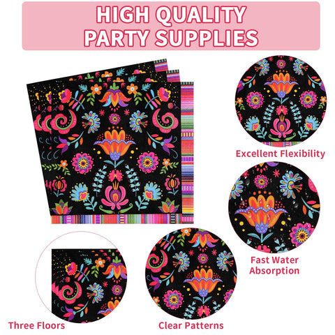200 Pcs Mexican Floral Party Plates and Napkins - Grencian