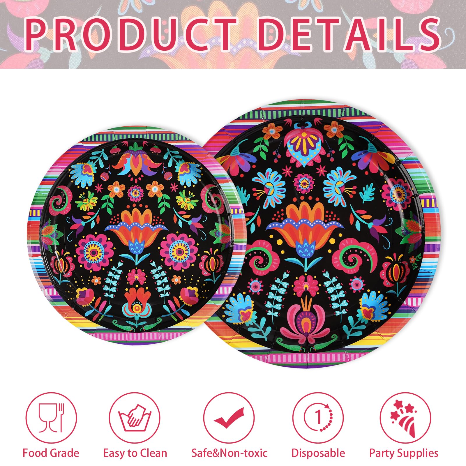 200 Pcs Mexican Floral Party Plates and Napkins - Grencian