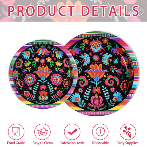 200 Pcs Mexican Floral Party Plates and Napkins - Grencian