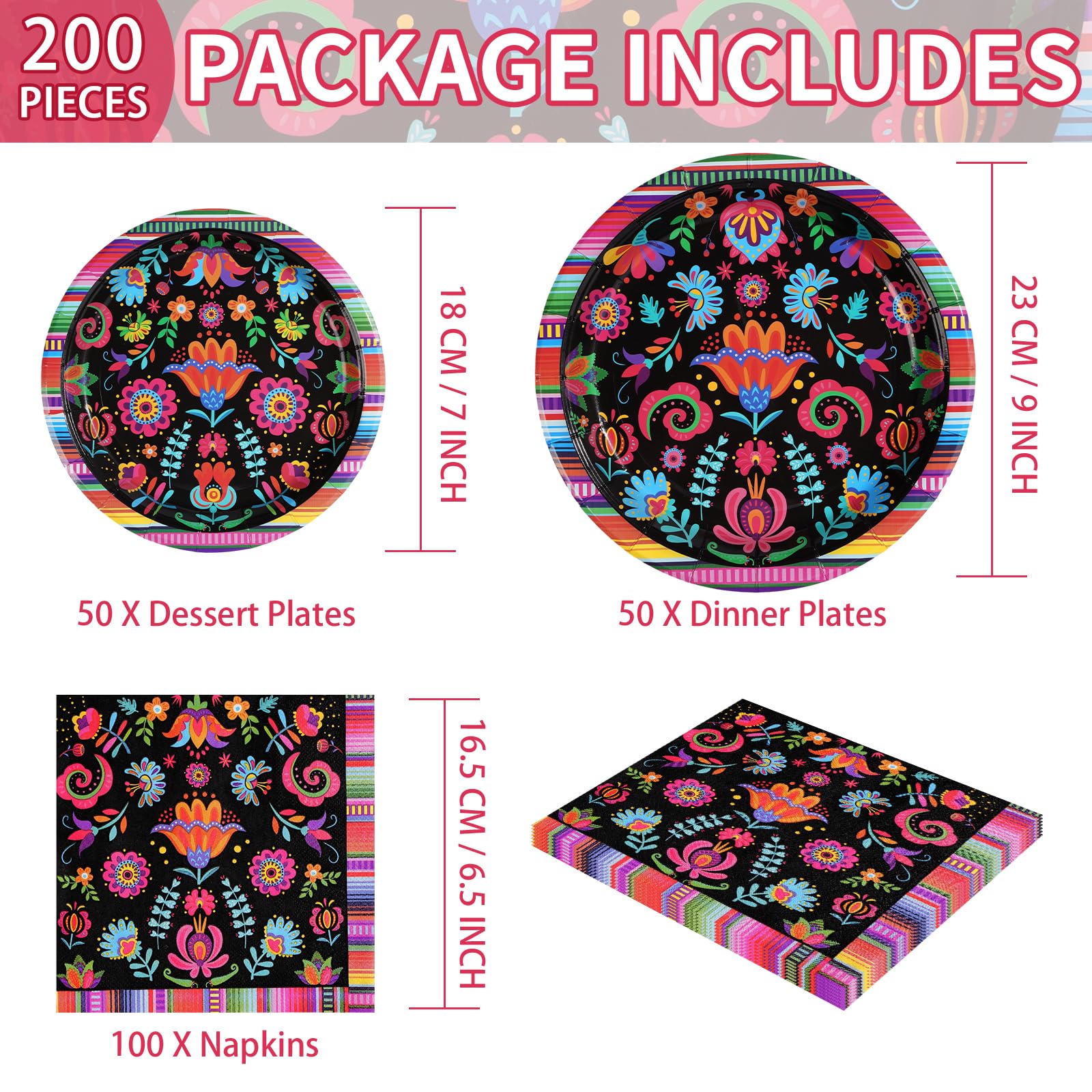 200 Pcs Mexican Floral Party Plates and Napkins - Grencian