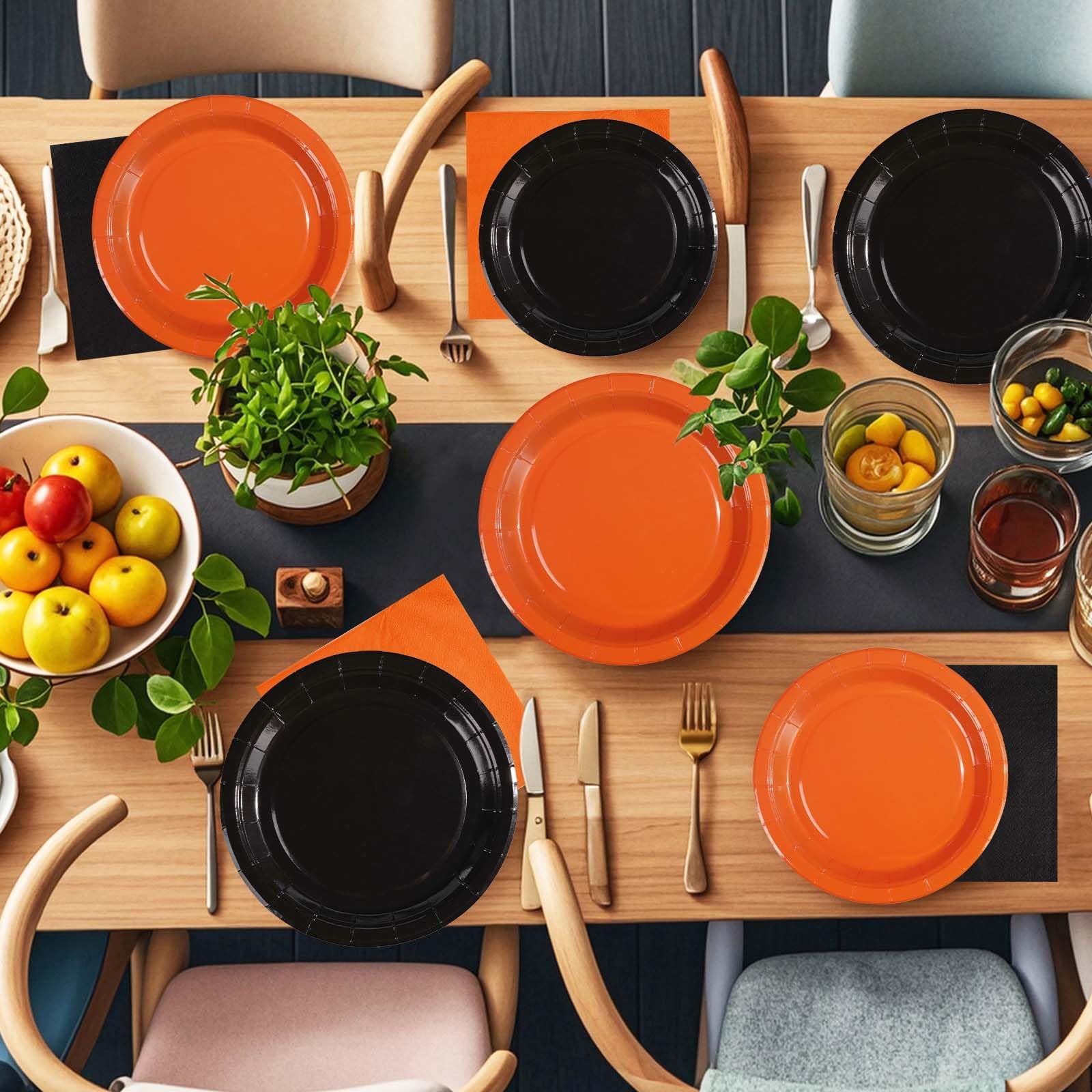 200 Pcs Orange and Black Party Plates and Napkins - Grencian