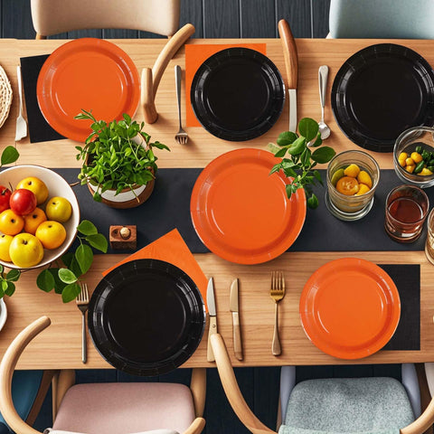200 Pcs Orange and Black Party Plates and Napkins - Grencian