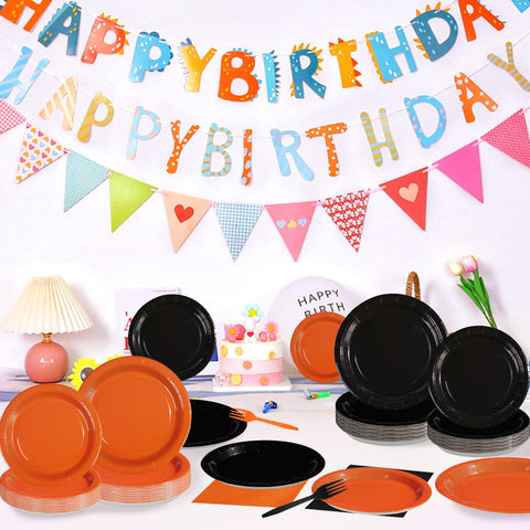 200 Pcs Orange and Black Party Plates and Napkins - Grencian