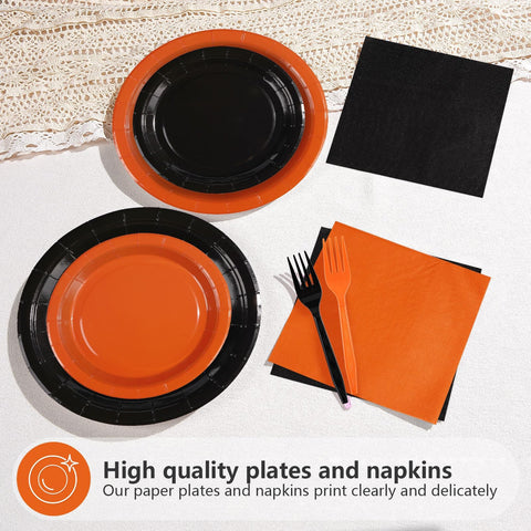 200 Pcs Orange and Black Party Plates and Napkins - Grencian