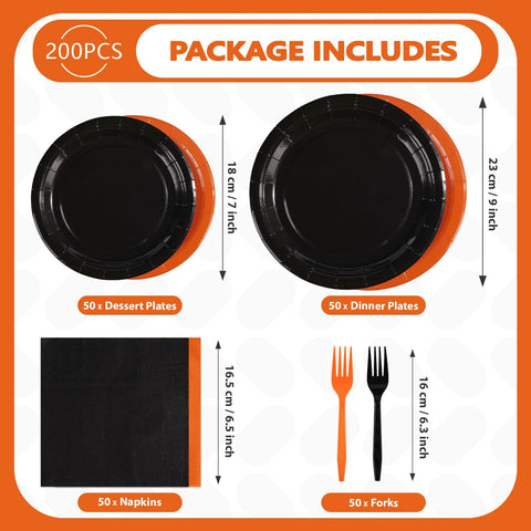 200 Pcs Orange and Black Party Plates and Napkins - Grencian