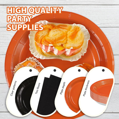 200 Pcs Orange and Black Party Plates and Napkins - Grencian