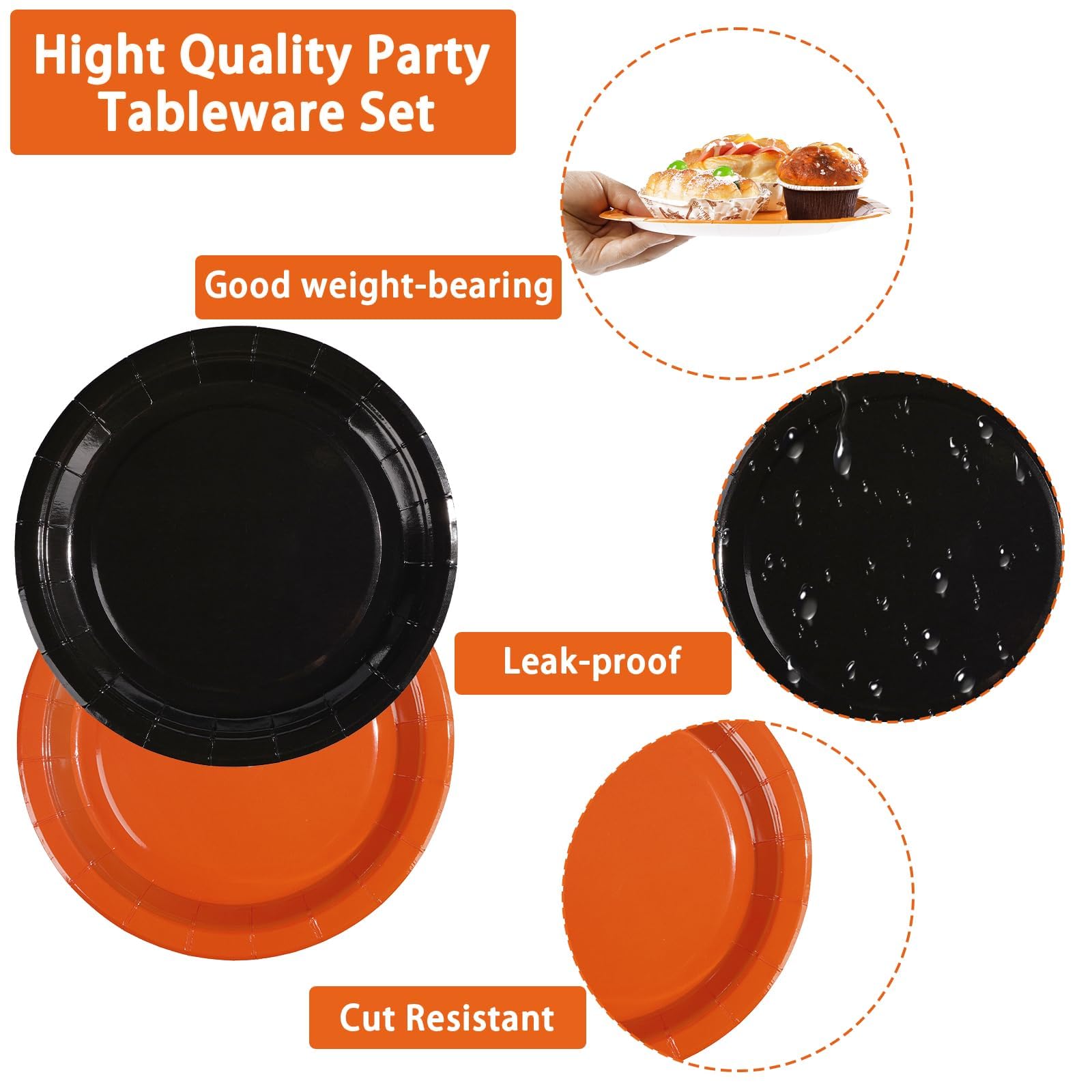 200 Pcs Orange and Black Party Plates and Napkins - Grencian