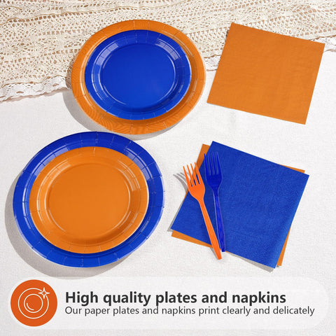 200 Pcs Orange and Blue Party Plates and Napkins - Grencian