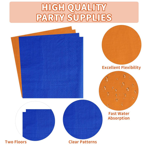 200 Pcs Orange and Blue Party Plates and Napkins - Grencian
