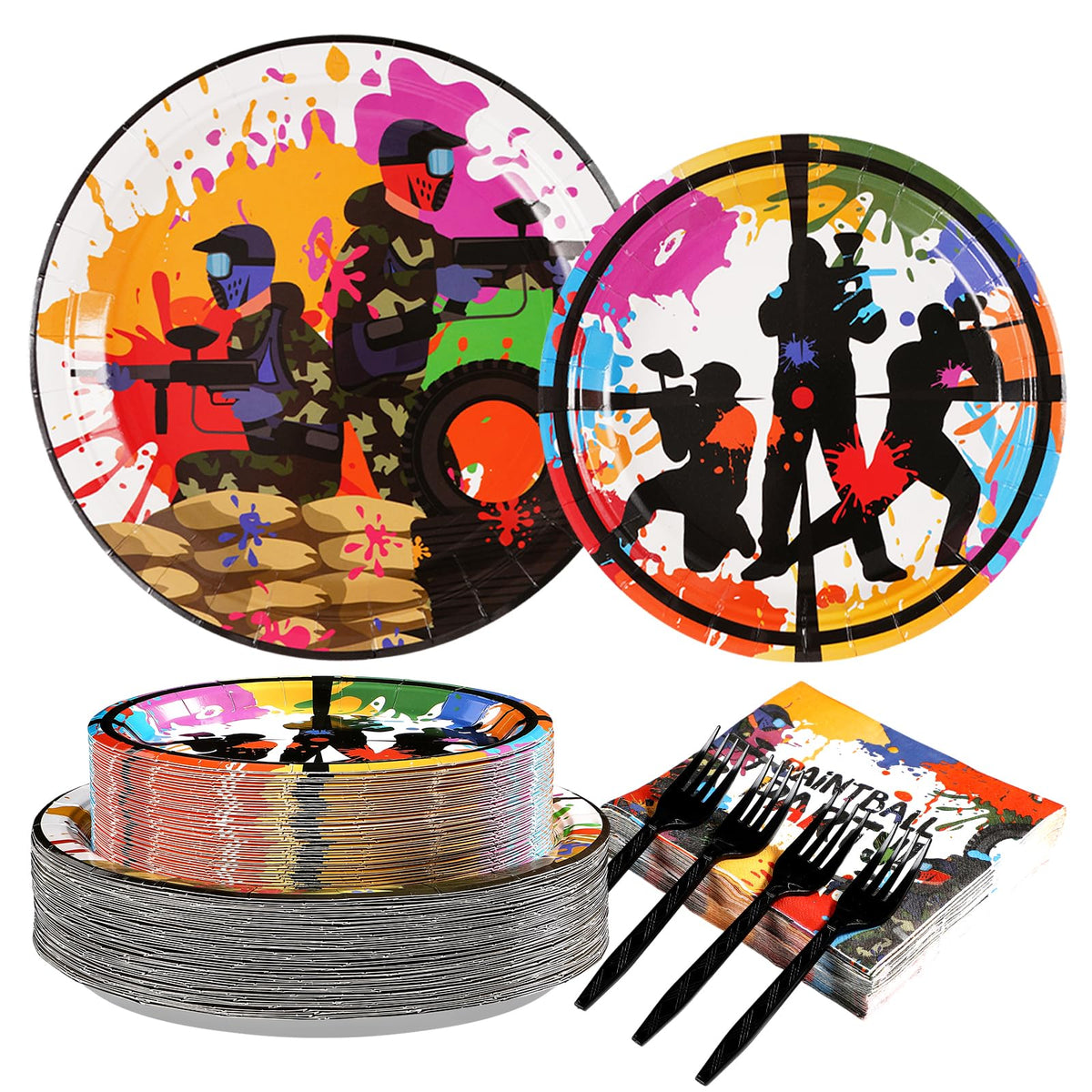 200 Pcs Paintball Neon Party Plates and Napkins - Grencian