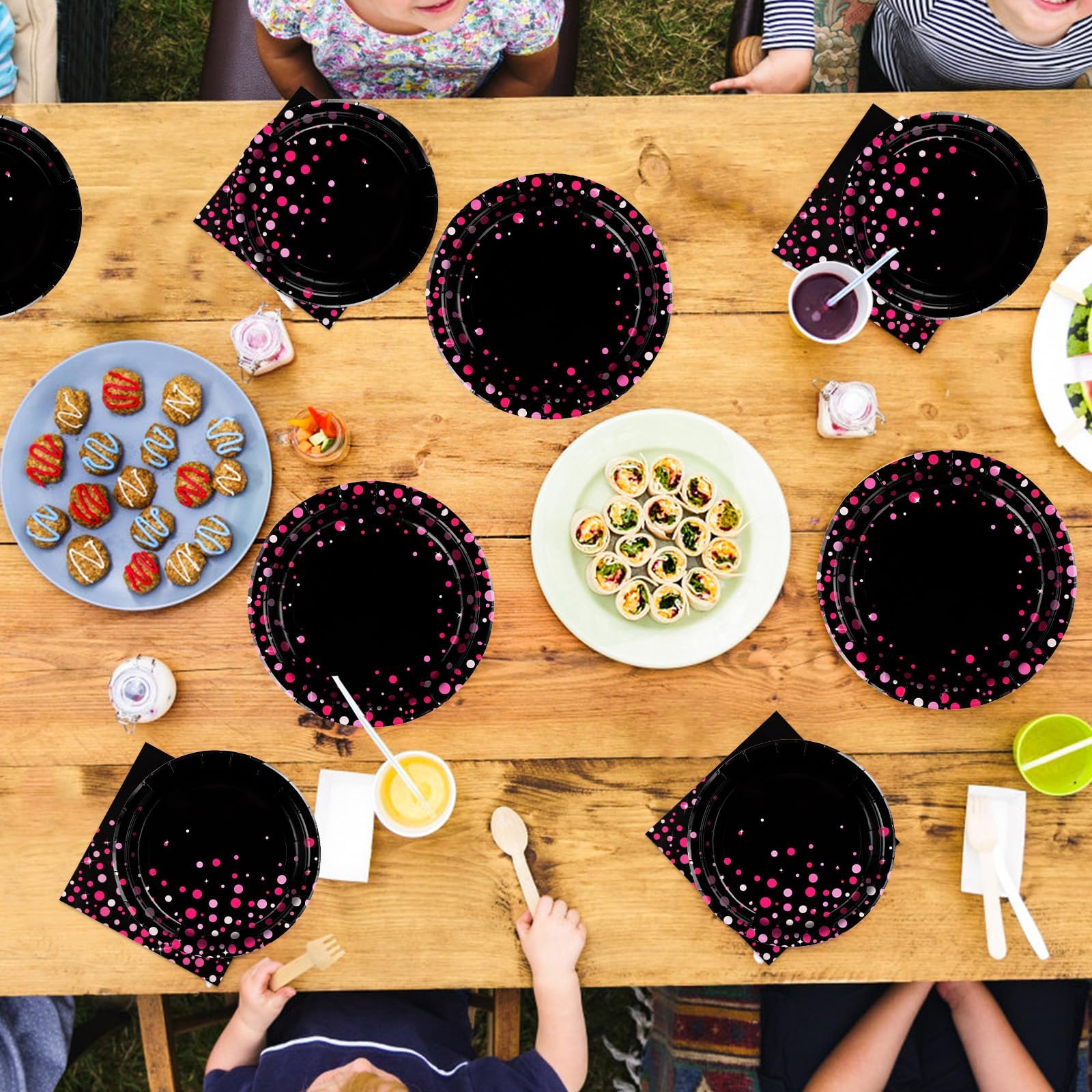 200 Pcs Pink Dots on Black Party Plates and Napkins - Grencian