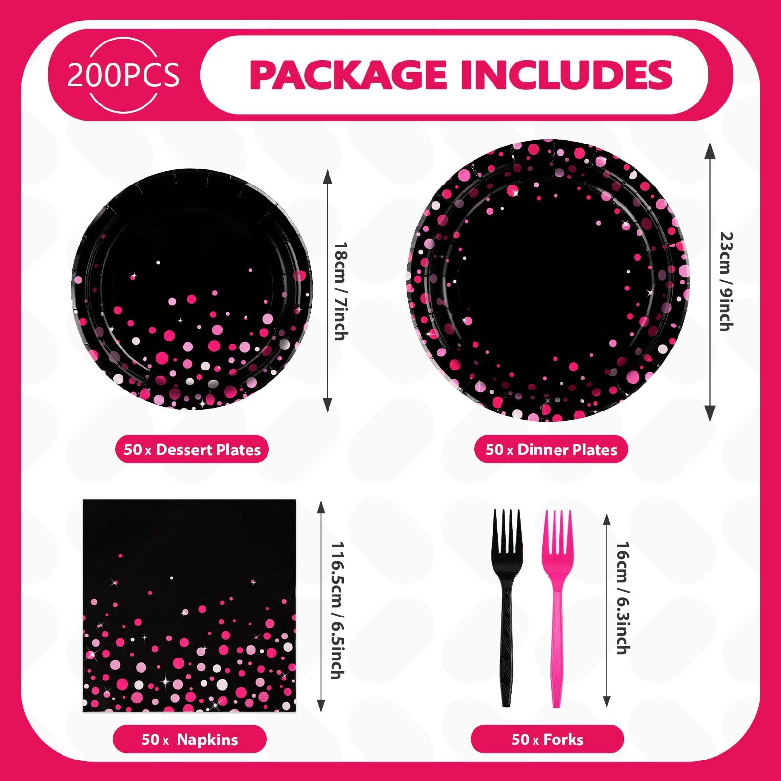 200 Pcs Pink Dots on Black Party Plates and Napkins - Grencian