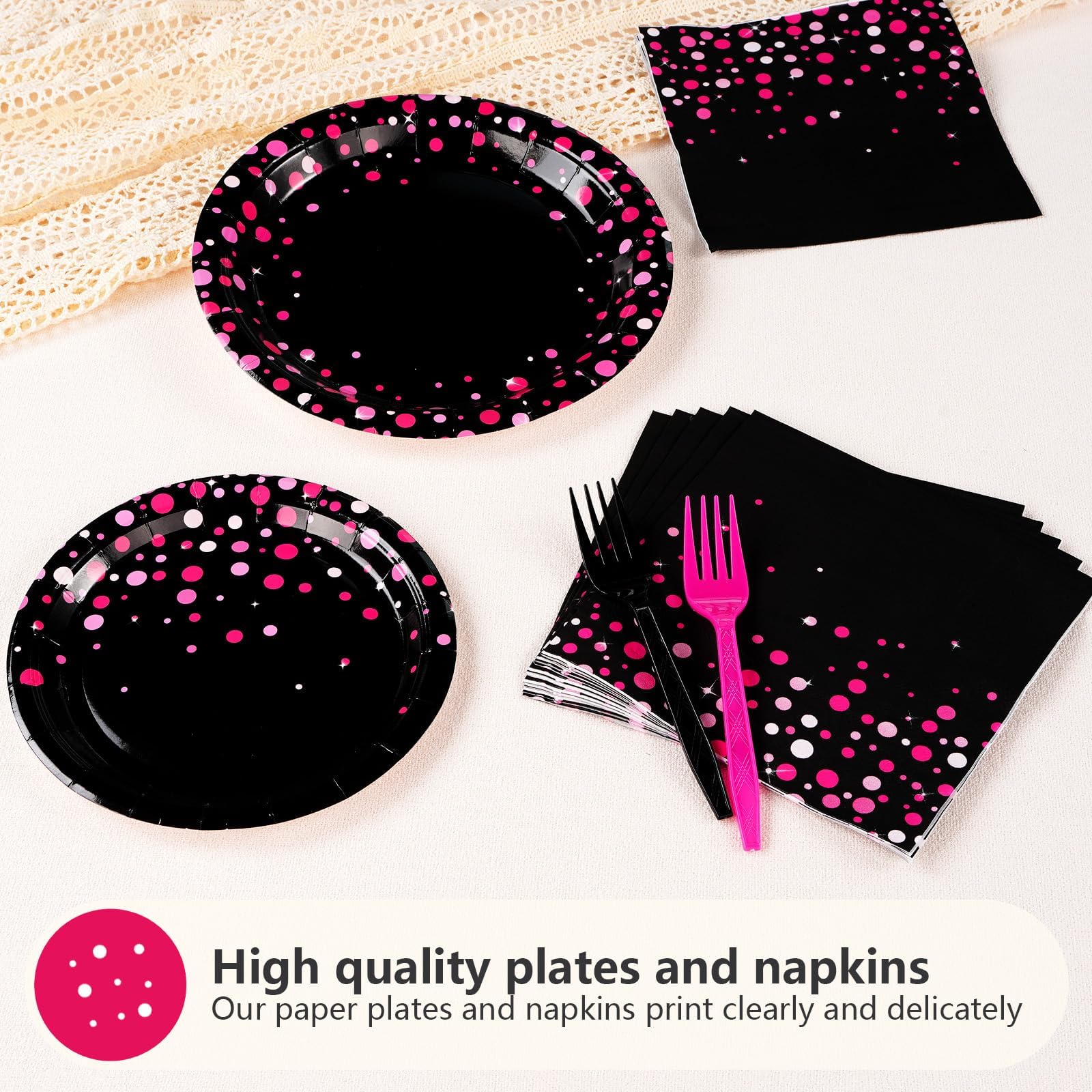 200 Pcs Pink Dots on Black Party Plates and Napkins - Grencian