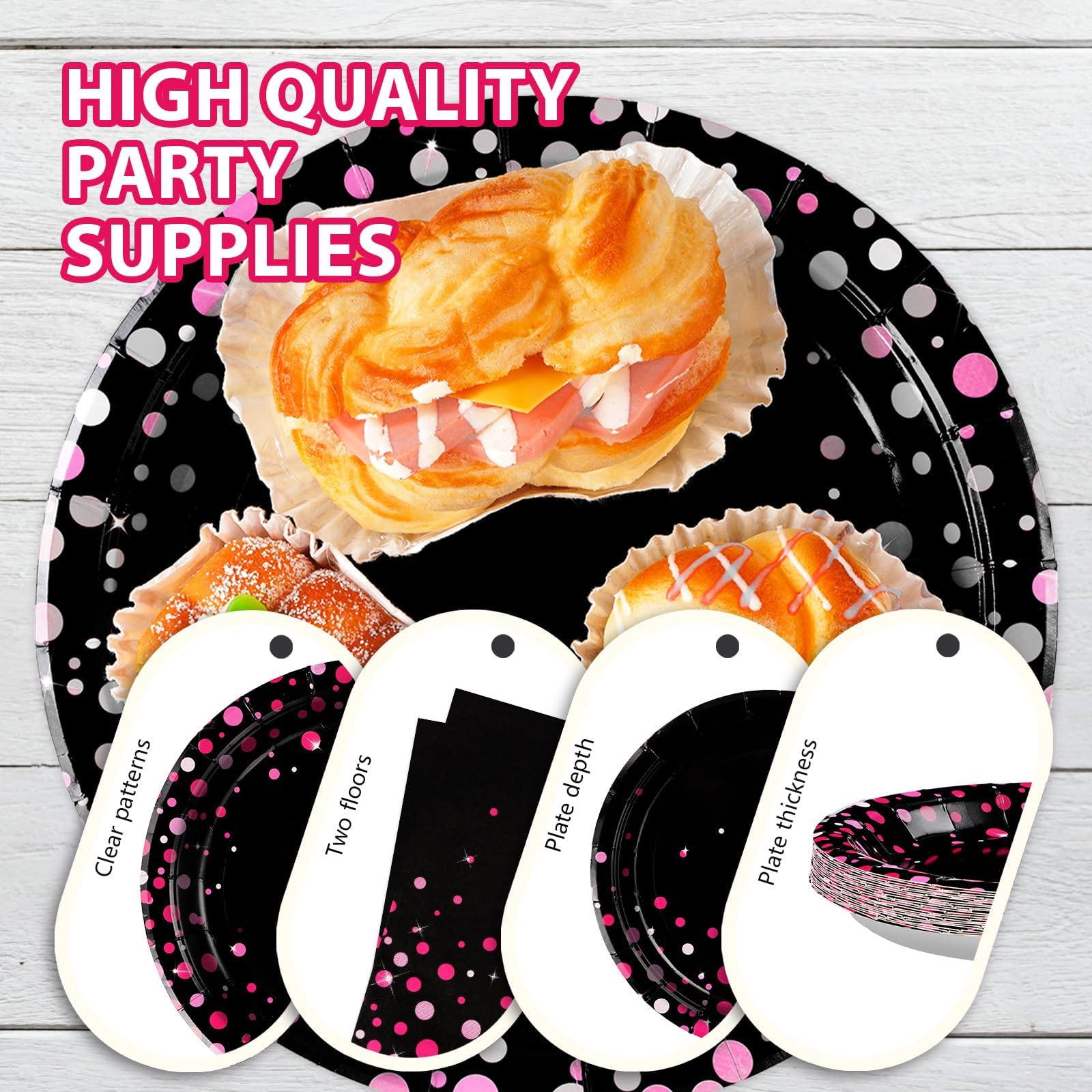 200 Pcs Pink Dots on Black Party Plates and Napkins - Grencian
