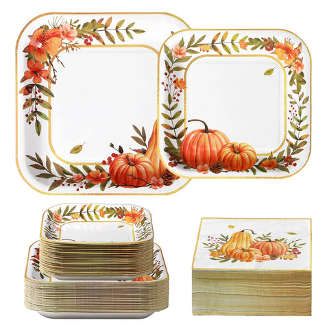200 Pcs Pumpkin Wreath Square Party Plates and Napkins - Grencian