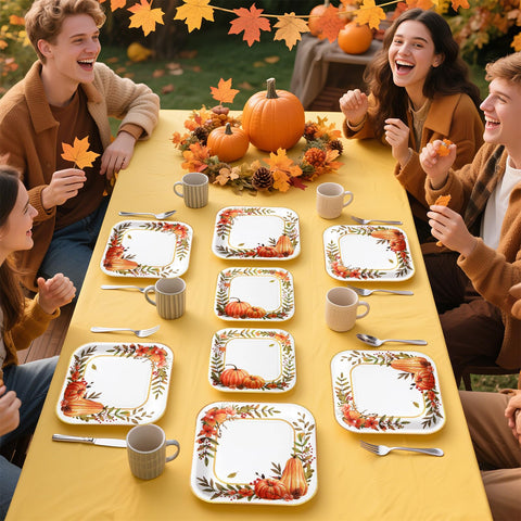 200 Pcs Pumpkin Wreath Square Party Plates and Napkins - Grencian