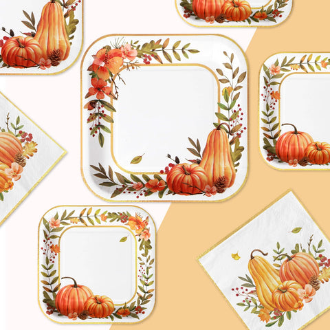 200 Pcs Pumpkin Wreath Square Party Plates and Napkins - Grencian