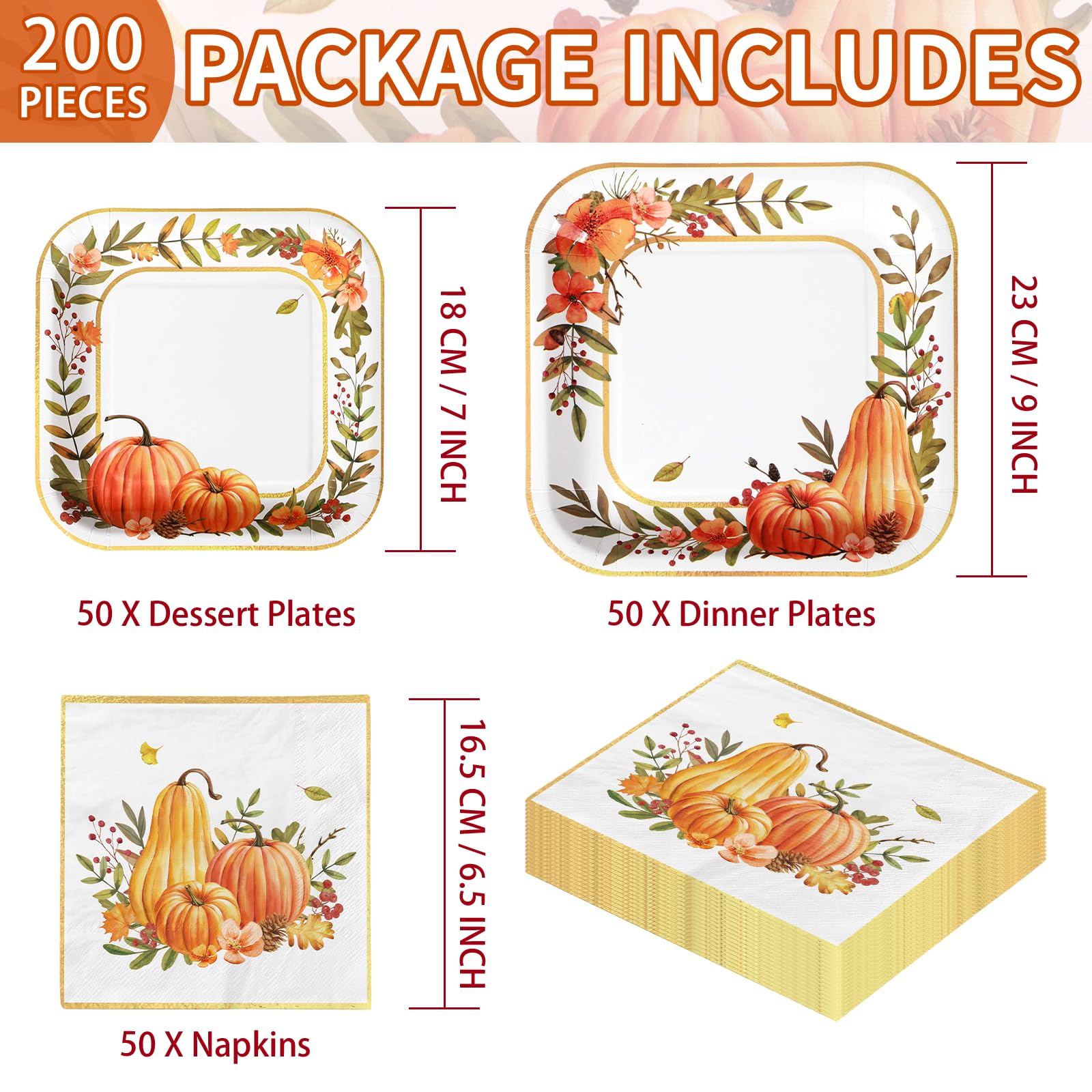 200 Pcs Pumpkin Wreath Square Party Plates and Napkins - Grencian
