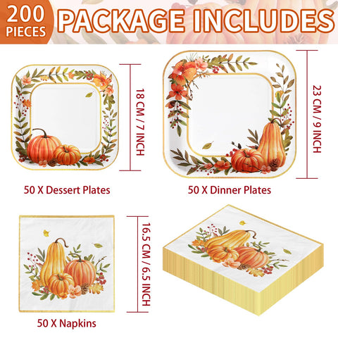 200 Pcs Pumpkin Wreath Square Party Plates and Napkins - Grencian