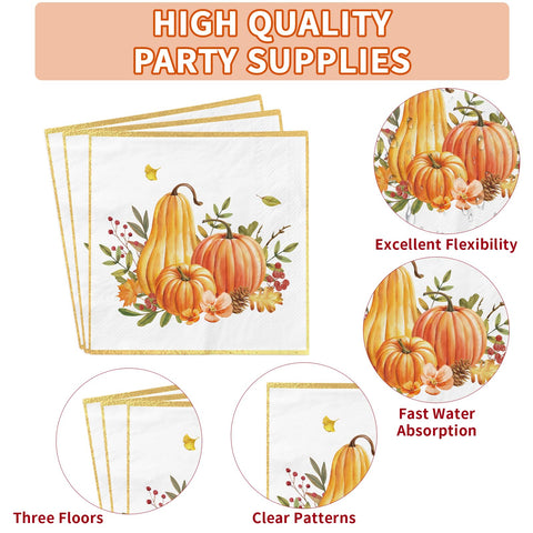 200 Pcs Pumpkin Wreath Square Party Plates and Napkins - Grencian